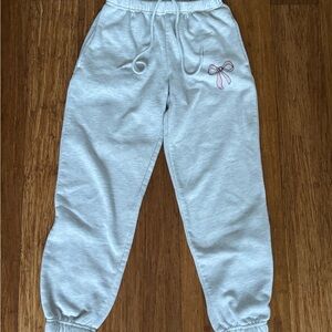 Gray Jogger Pants with Pink Bow Accent